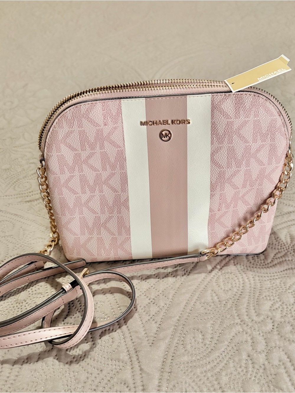 Michael Kors Pink and White Signature Stripe Crossbody
